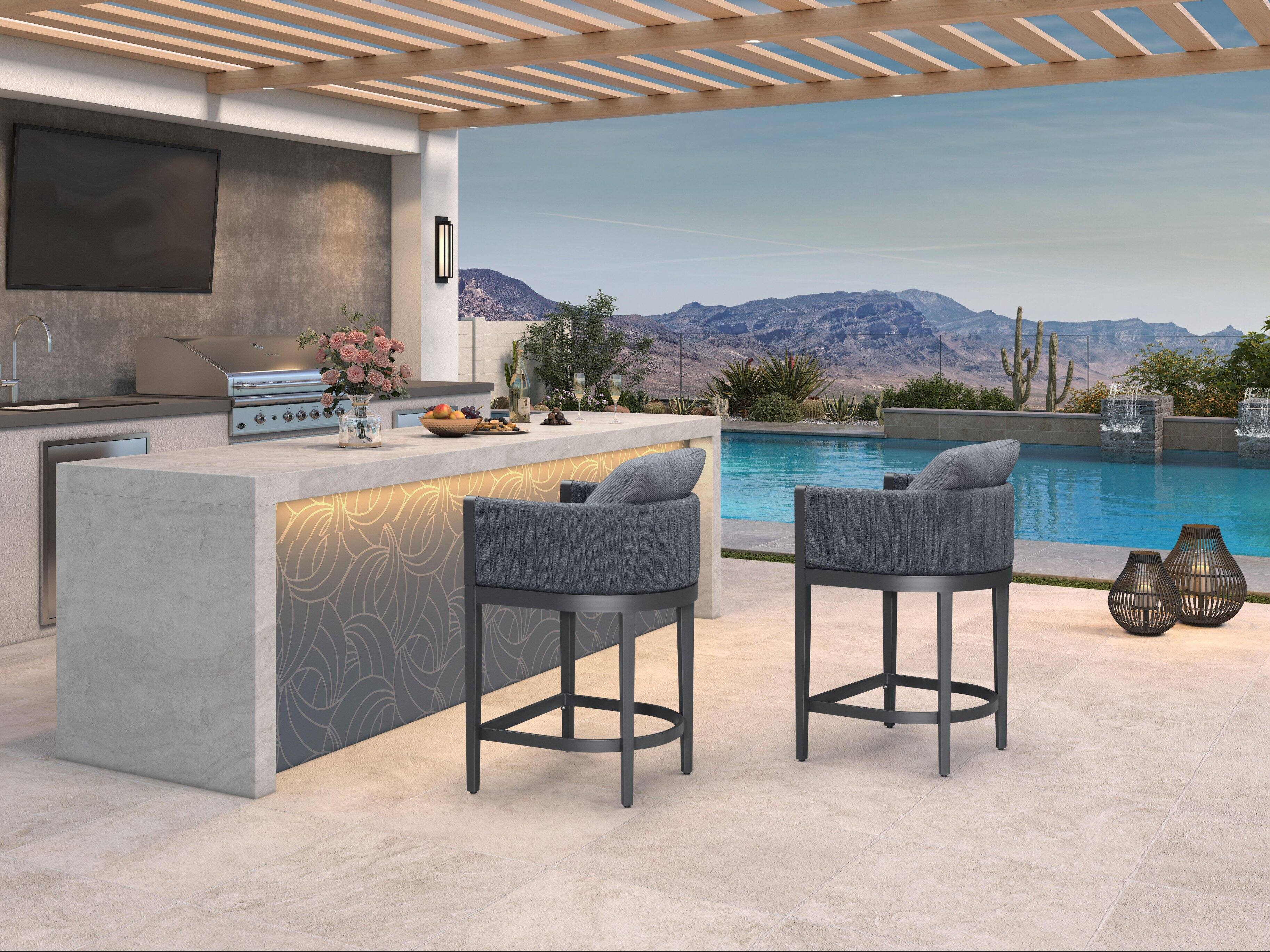 Alt View 2. PURPLE LEAF - Outdoor Counter Height Stool Set of 2 Aluminum Modern Olefin Barstools with Backrest Pillow for Garden Balcony Lawn - Grey & Square Base-Counter Stool.