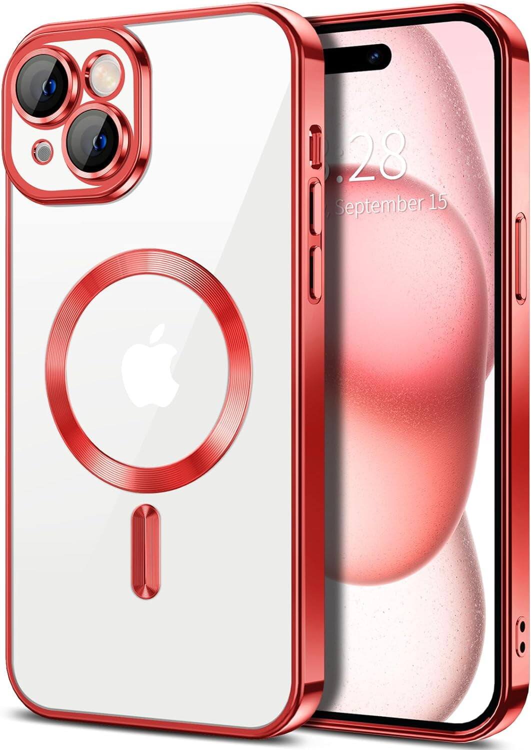 Entronix - Magnetic Case for iPhone 15 - Luxury Clear Back Cover with Premium Protection - Red