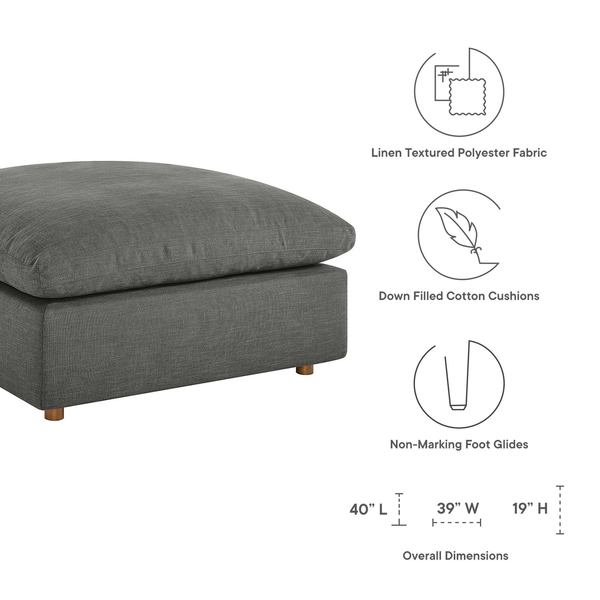 Linen Textured Polyester Fabric  
Down Filled Cotton Cushions  
Non-Marking Foot Glides  

40" L x 39" W x 19" H  
Overall Dimensions