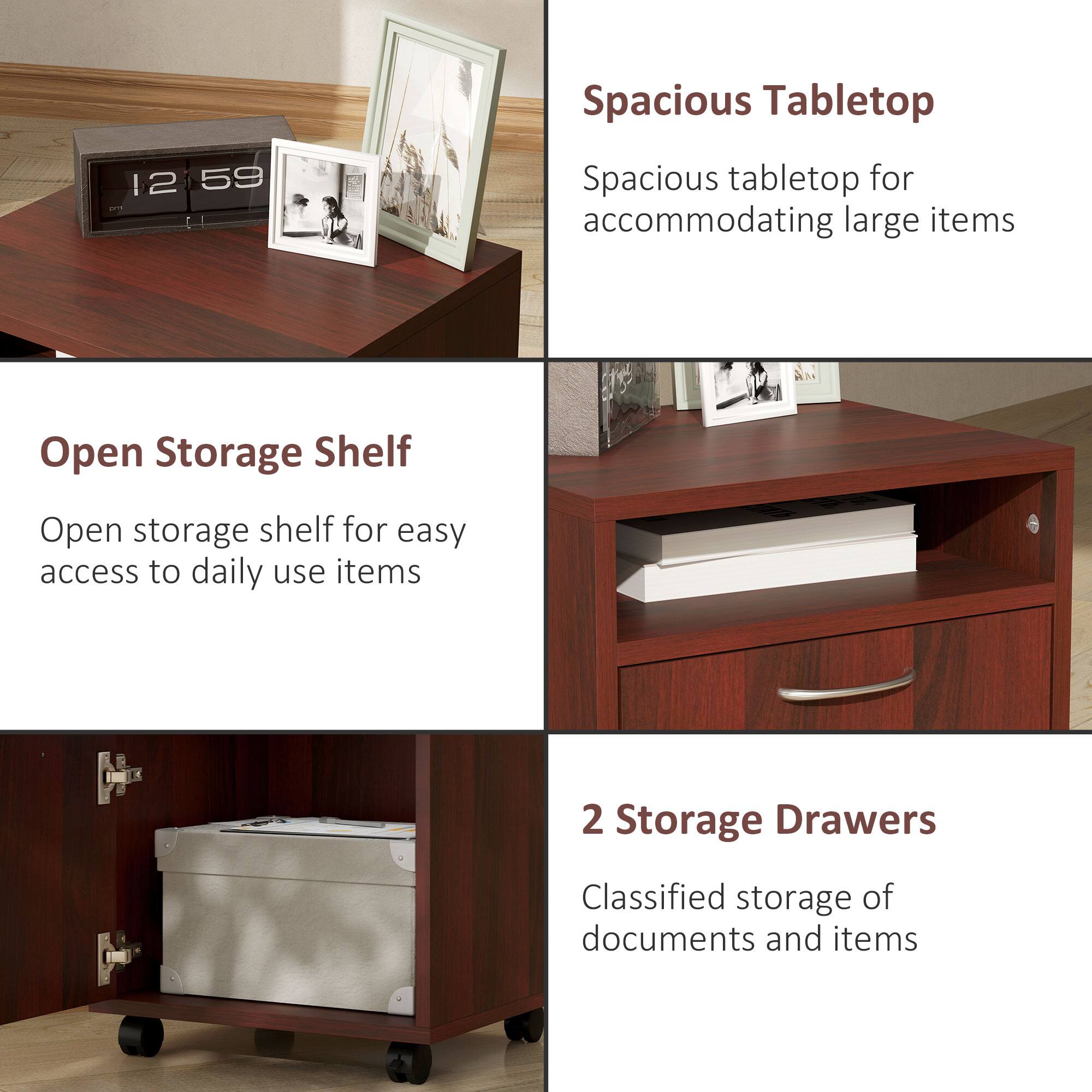 Spacious Tabletop  
Spacious tabletop for accommodating large items  

Open Storage Shelf  
Open storage shelf for easy access to daily use items  

2 Storage Drawers  
Classified storage of documents and items