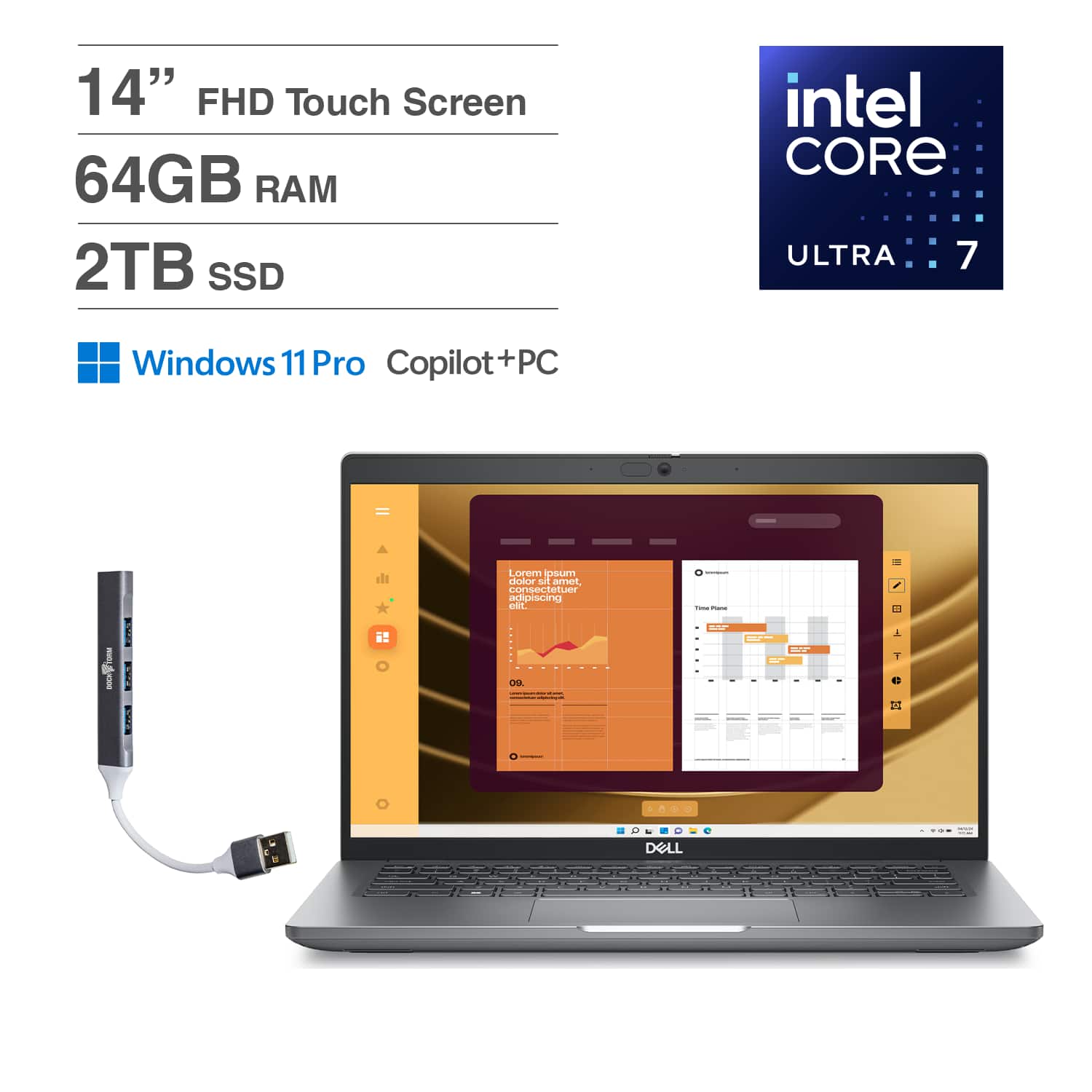 Dell - Latitude 5450 Laptop 14.0 FHD (Intel Ultra 7 155U, 64GB DDR5, 2TB M.2 PCIe SSD, Win 11 Pro) w/USB Hub - Gray