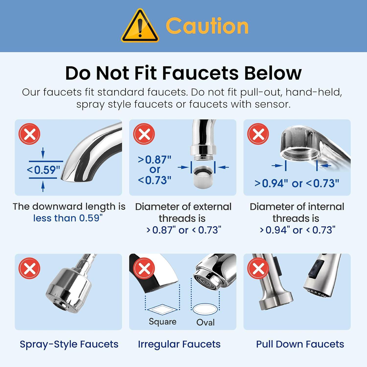 **Caution**

**Do Not Fit Faucets Below**

Our faucets fit standard faucets. Do not fit pull-out, hand-held, spray style faucets or faucets with sensor.

- The downward length is less than 0.59"
- Diameter of external threads is >0.87" or <0.73"
- Diameter of internal threads is >0.94" or <0.73"

- Spray-Style Faucets
- Irregular Faucets
- Pull Down Faucets