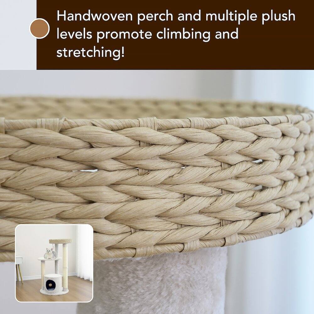 Handwoven perch and multiple plush levels promote climbing and stretching!