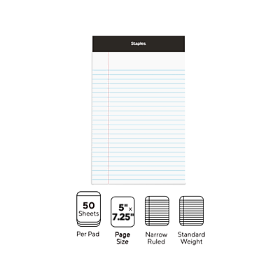 Staples

50 Sheets Per Pad

5" x Page Size

Narrow Ruled

Standard Weight