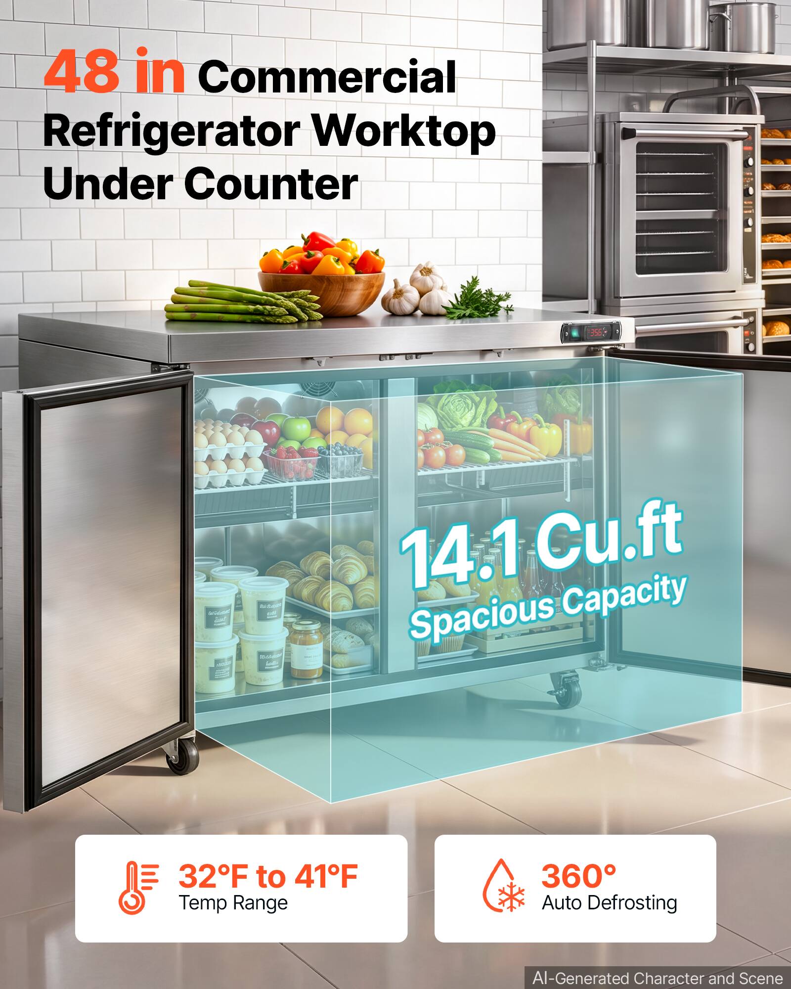 48 in Commercial Refrigerator Worktop Under Counter

14.1 Cu.ft Spacious Capacity

32°F to 41°F Temp Range

360° Auto Defrosting

AI-Generated Character and Scene