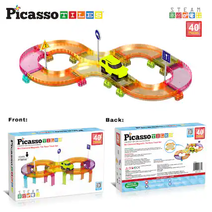 Front:
Picasso TILES
STEAM
40 Pieces
Mini Diamond Magnetic Tile Race Track Set
PTMR40
Creativity Beyond Imagination
7+ Years
Back:
Picasso TILES
Creativity Beyond Imagination
Mini Diamond Magnetic Tile Race Track Set
40 Pieces
PTMR40
Follow Us @picassotiles
www.picasso.com
STEAM
40 Pieces
