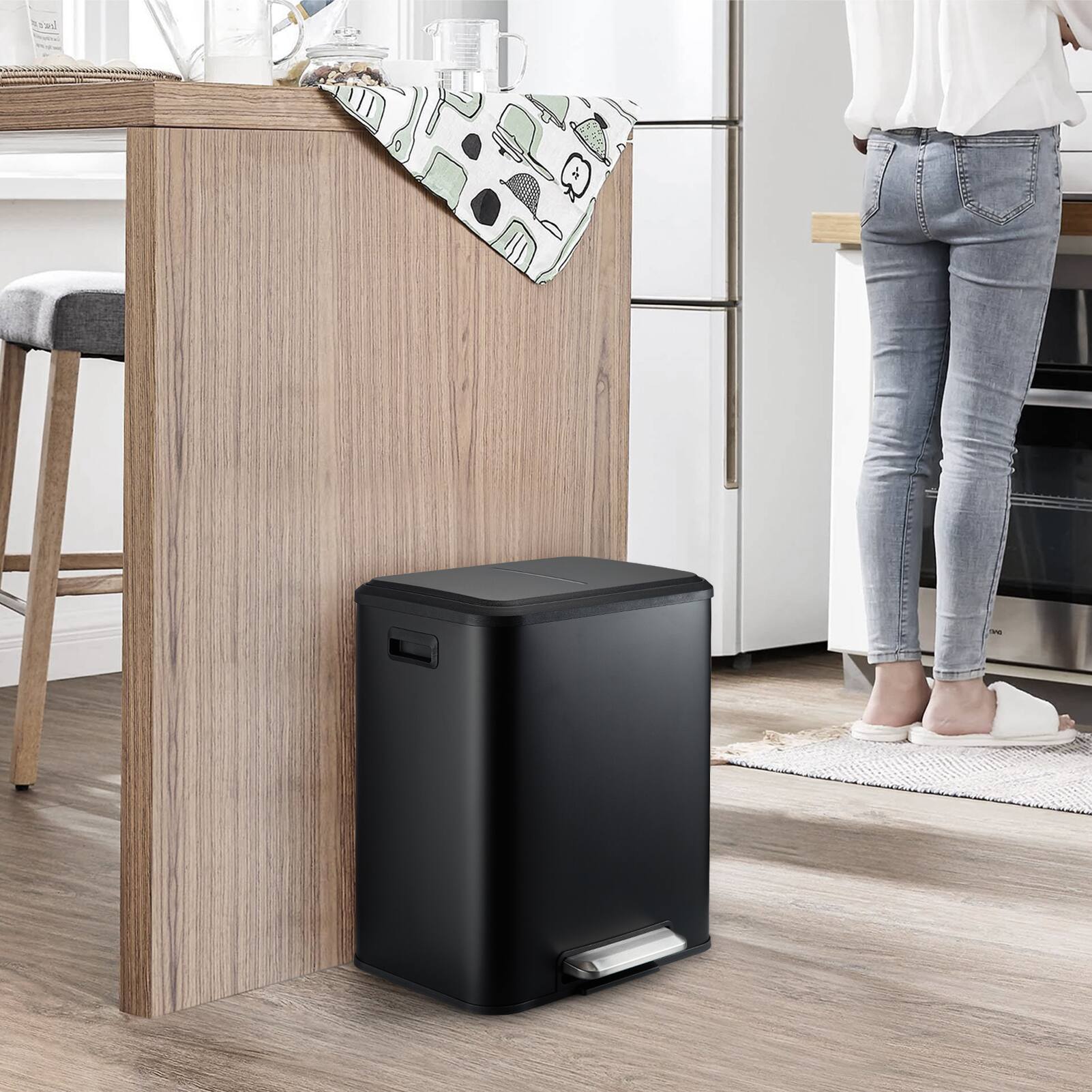 Back. Acekool - 30L Dual Compartment Kitchen Trash Can, 2 x 4 Gallon Stainless Steel Bins with Lid & Foot Pedal, Black - Black.