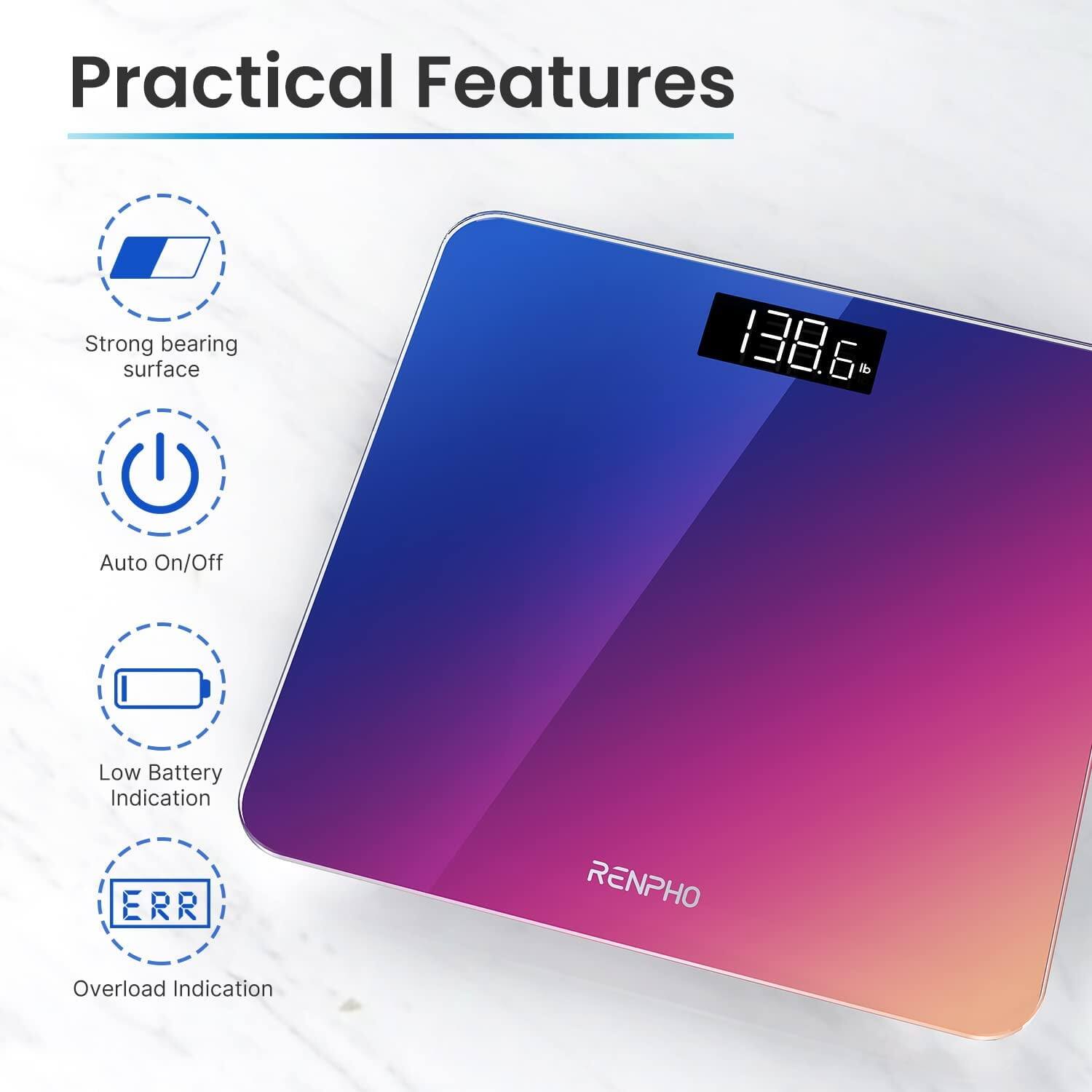 Practical Features

- Strong bearing surface
- Auto On/Off
- Low Battery Indication
- ERR
- Overload Indication

RENPHO

138.6 lb