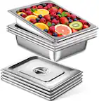 Front. OSTBA - 4 Pack Full Size Hotel Pans with Lids 1/2 Size 4" Deep,Stainless Steel Steam Table Buffet Pans , 12.8" L x 10.4" W.