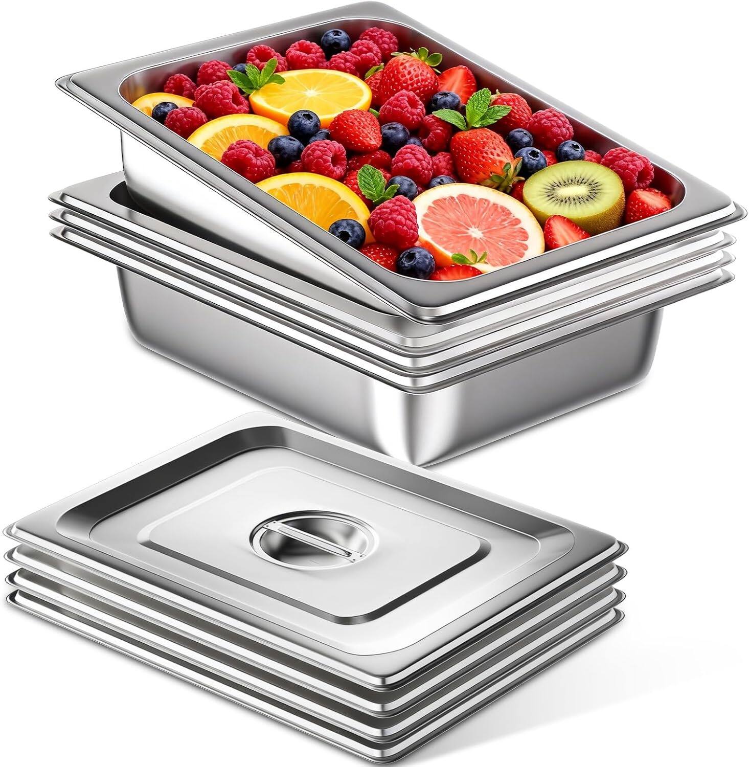Front. OSTBA - 4 Pack Full Size Hotel Pans with Lids 1/2 Size 4" Deep,Stainless Steel Steam Table Buffet Pans , 12.8" L x 10.4" W.