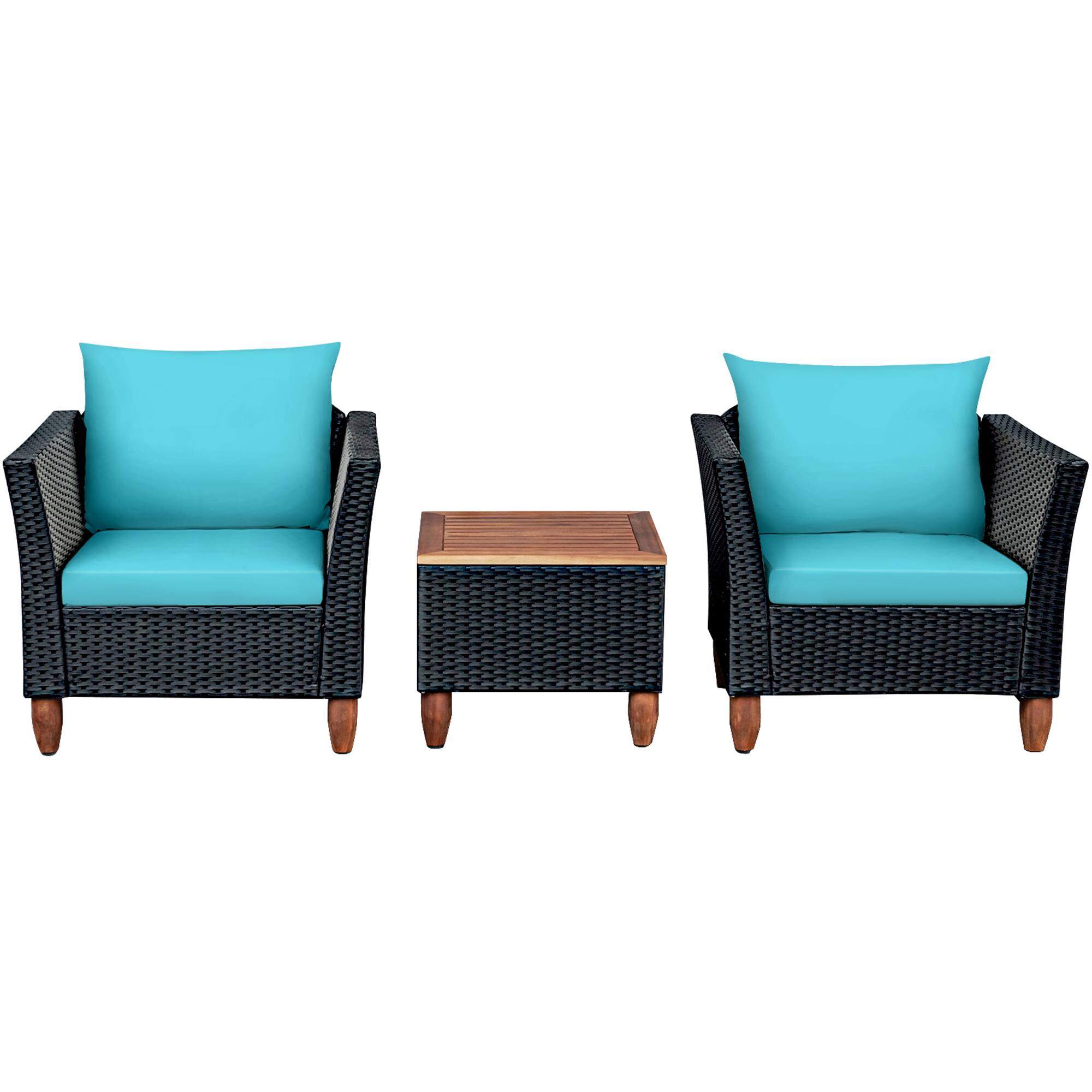 Alt View 1. Gymax - Gymax 3PCS Patio Rattan Conversation Furniture Set Yard Outdoor w/ Turquoise Cushions - Turquoise.