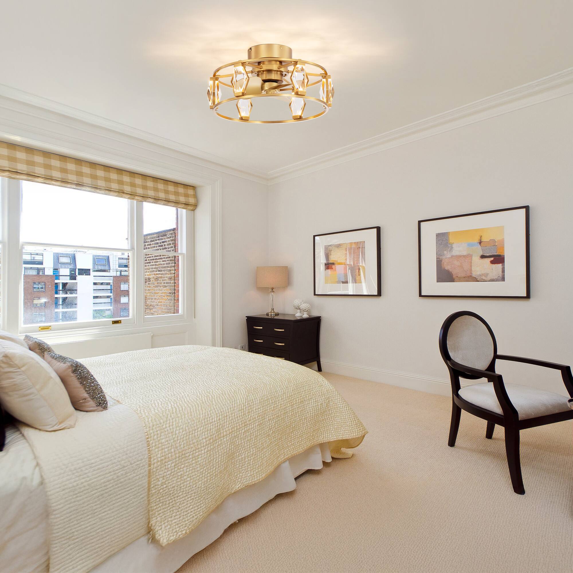 Alt View 1. Breezary - 20-Inch Indoor Flush Mount Caged Ceiling Fan with 3 ABS Blades, DC Motor, 6-Speed Remote Control, Timer, Modern Design - Antique Brass with Gold-Copper.