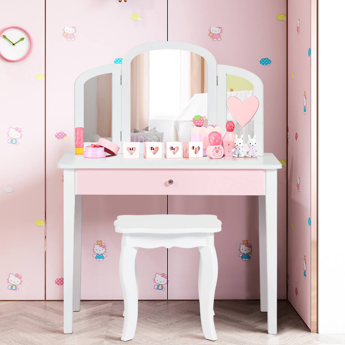 Alt View 1. Costway - Costway Kids Vanity Set Princess Makeup Dressing Play Table Set W/Mirror - White.