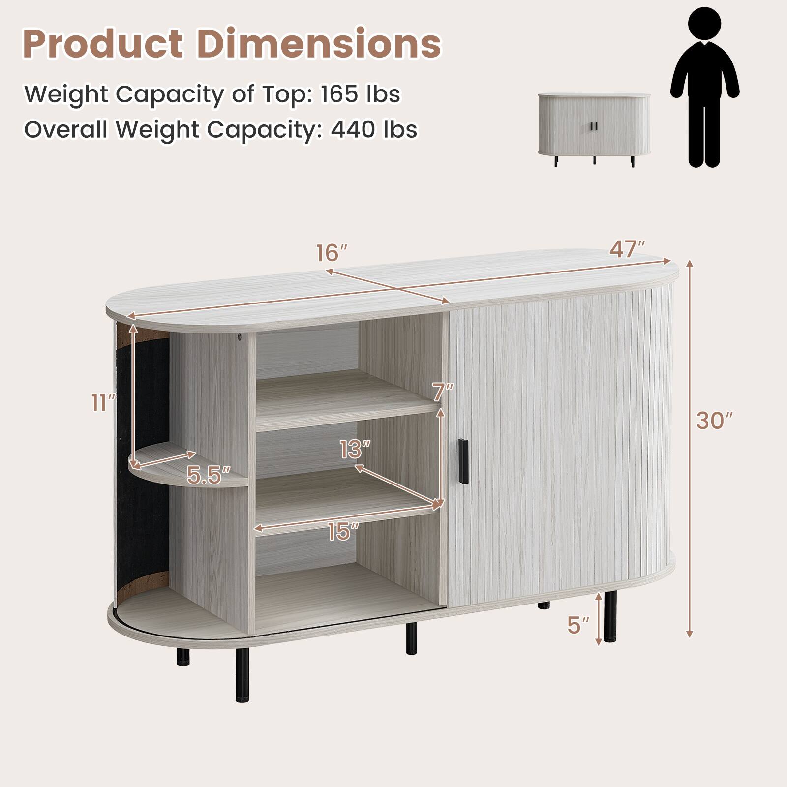 Product Dimensions  
Weight Capacity of Top: 165 lbs  
Overall Weight Capacity: 440 lbs  

16"  
47"  
11"  
5.5"  
13"  
7"  
30"  
15"  
5"