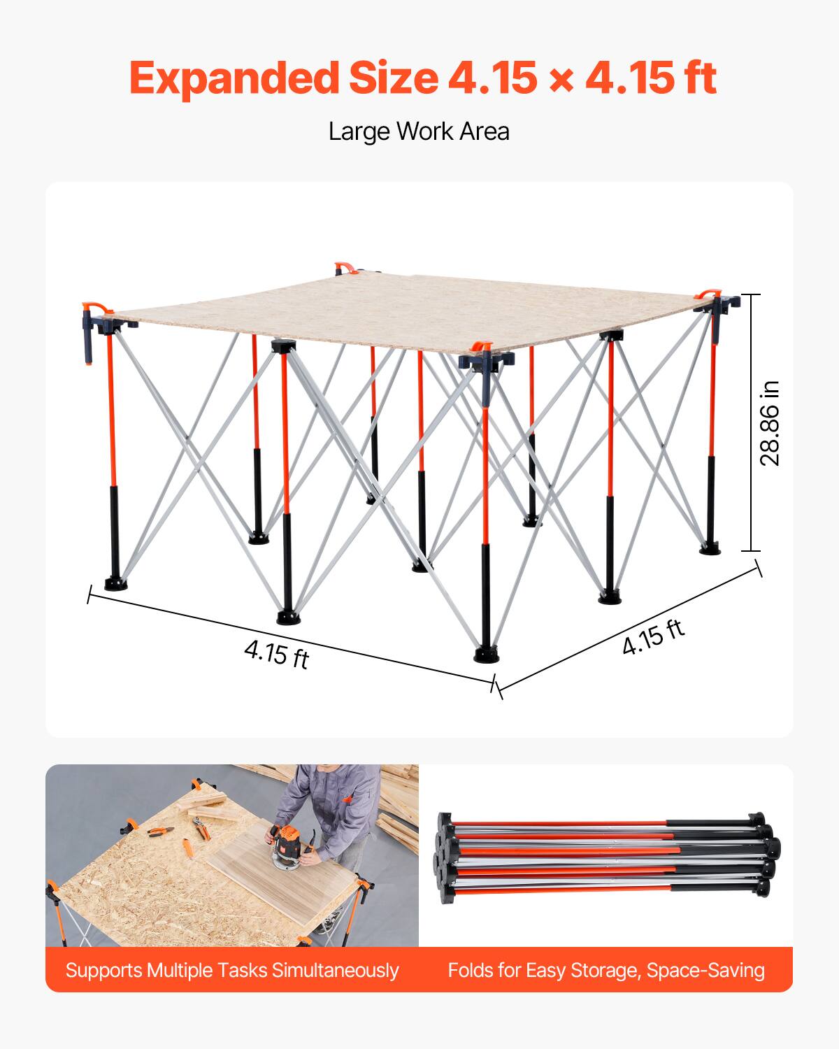 Expanded Size 4.15 x 4.15 ft  
Large Work Area  

Supports Multiple Tasks Simultaneously  
Folds for Easy Storage, Space-Saving