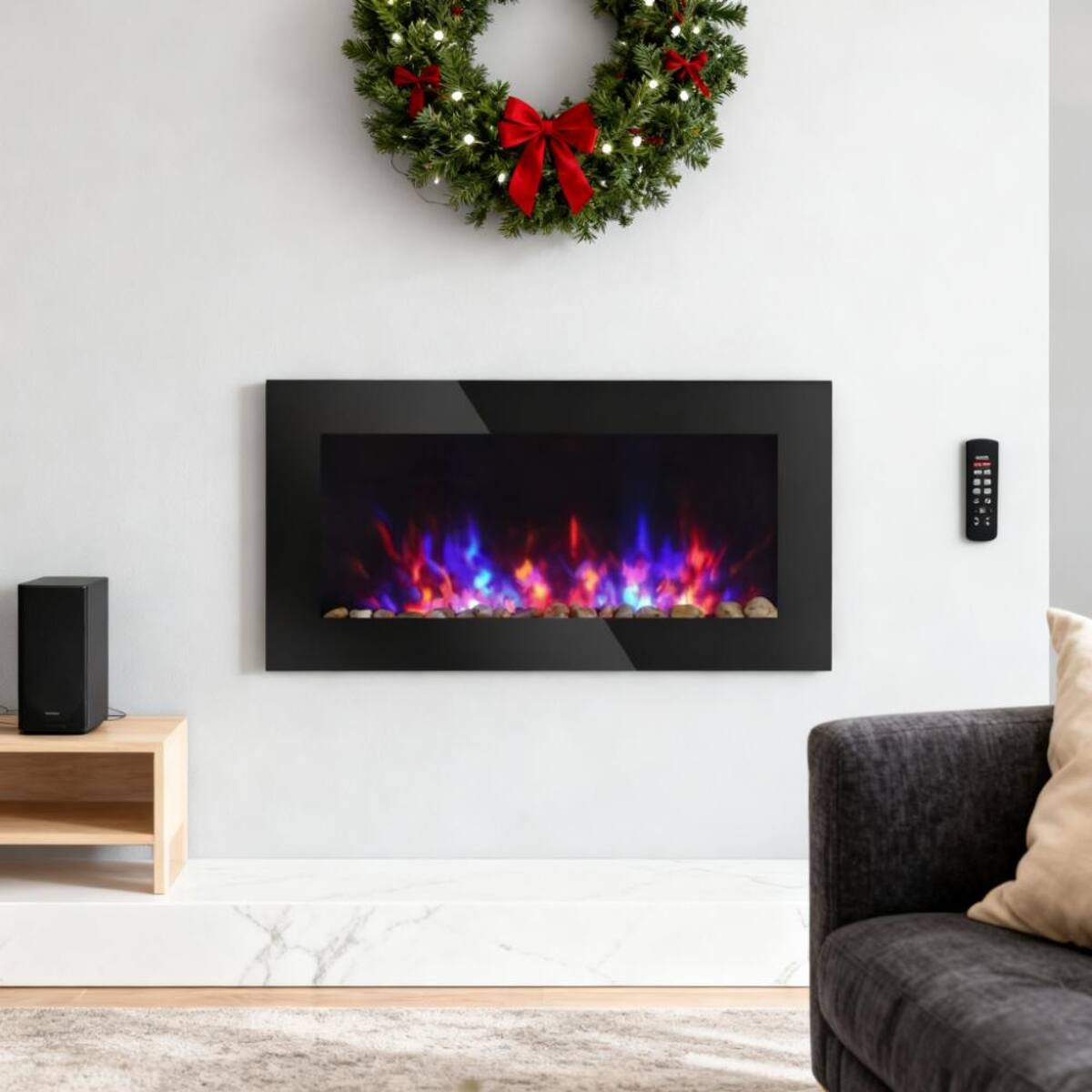 Back. Loheer - Loheer Wall Mounted Electric Fireplace with 7 Color Flame Effect and Pebble Display, 36-Inch Black - Black.