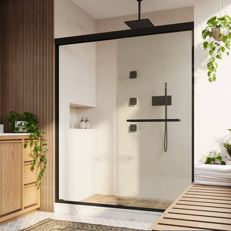 Angle. WELLFOR - 56-60 in W x 72 in H Framed Shower Door with Double Sliding & Stainless Steel Towel Bar Handle, 1/4" Tempered Glass - Matte Black.