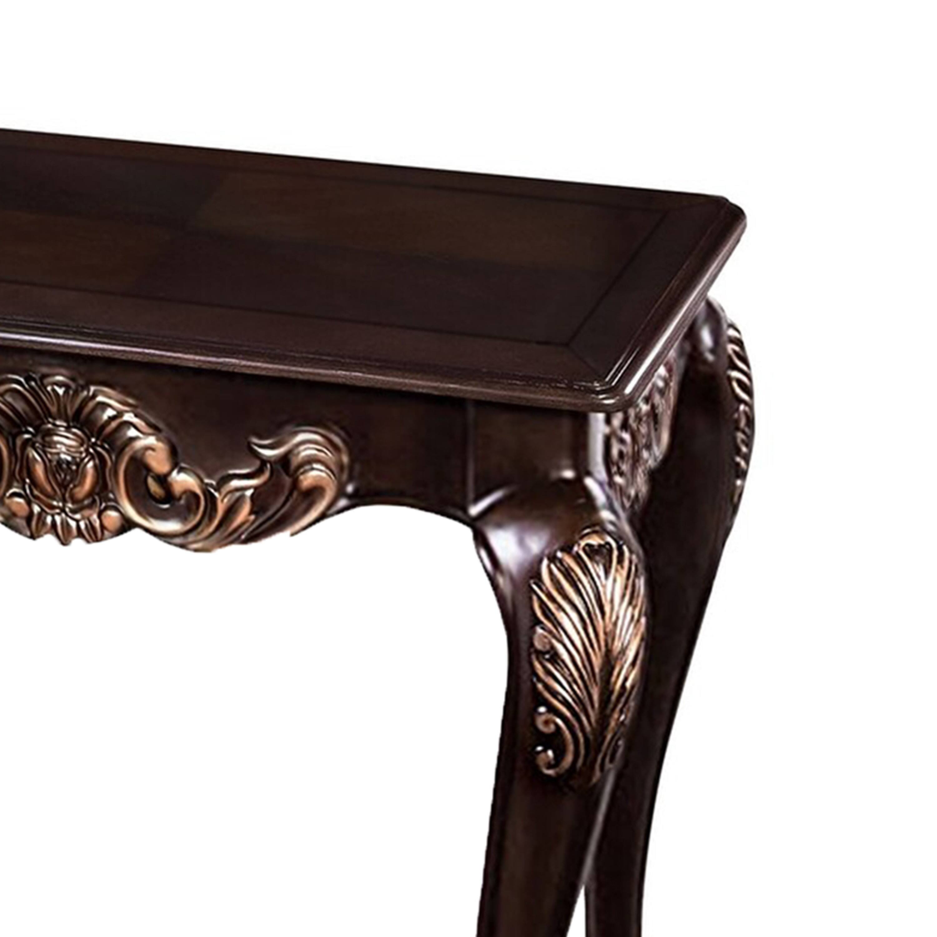 Alt View 2. Manhattan Lane - Astor End Table, 29 Inch Dark Cherry Brown Wood, Carved Details - Cherry Brown, Gold.