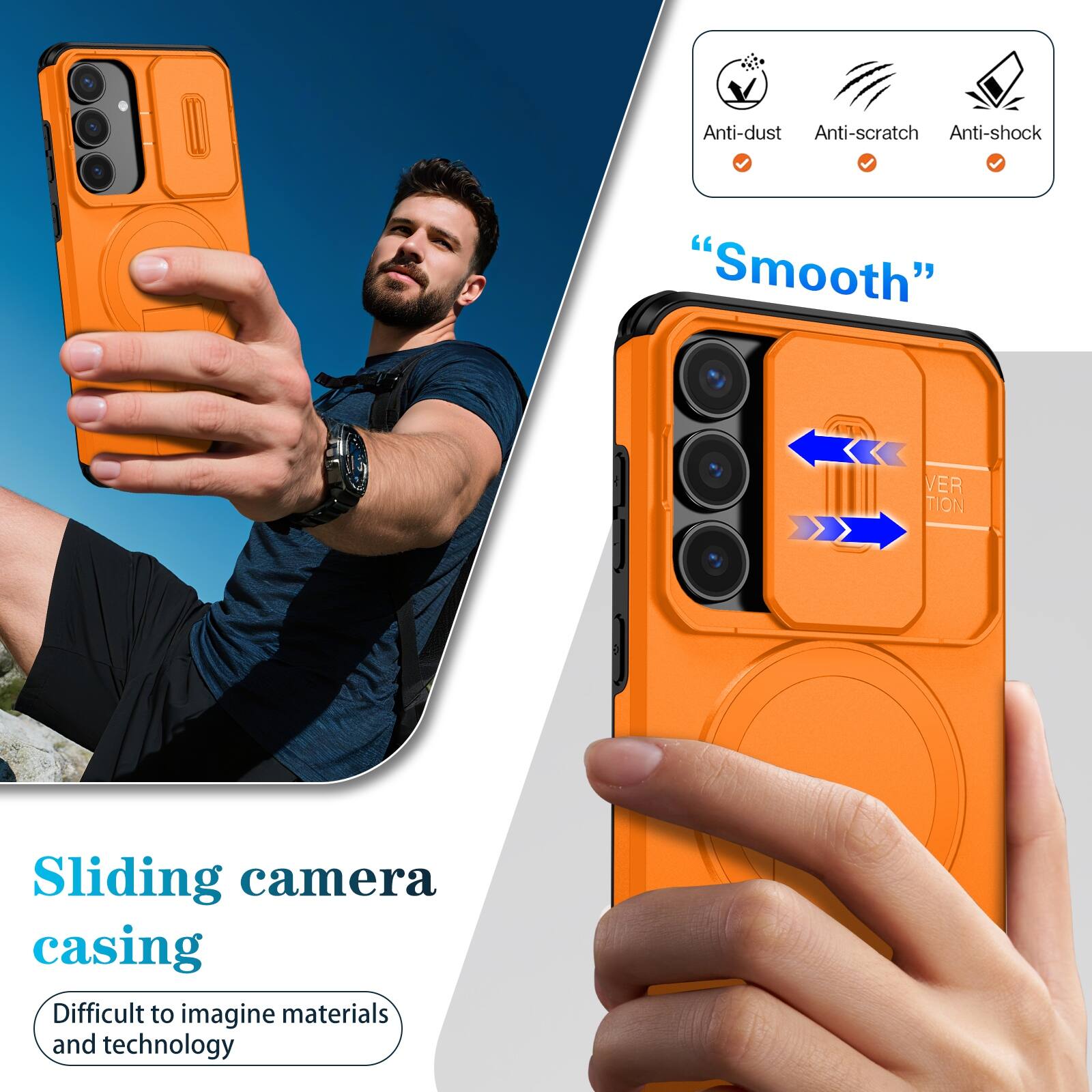 Anti-dust  
Anti-scratch  
Anti-shock  

"Smooth"  

Sliding camera casing  
Difficult to imagine materials and technology
