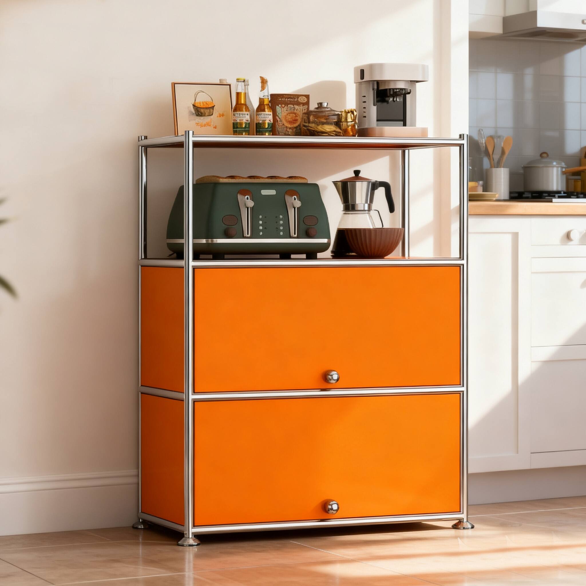 Left. Malletson - 3-Tier Storage Cabinet Metal Shelving Unit Multi Functional Kitchen Organizer - Orange.