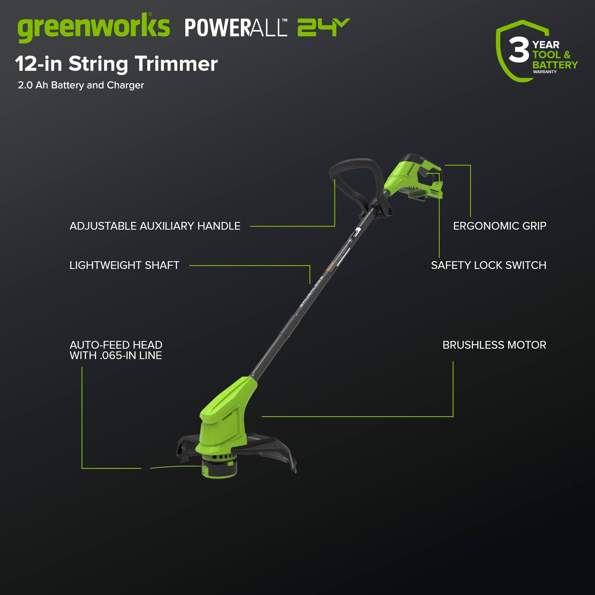 greenworks POWERALL 24Y 12-in String Trimmer 2.0 Ah Battery and Charger  
YEAR 3 TOOL & BATTERY WARRANTY  
ADJUSTABLE AUXILIARY HANDLE  
ERGONOMIC GRIP  
LIGHTWEIGHT SHAFT  
SAFETY LOCK SWITCH  
AUTO-FEED HEAD WITH .065-IN LINE  
BRUSHLESS MOTOR