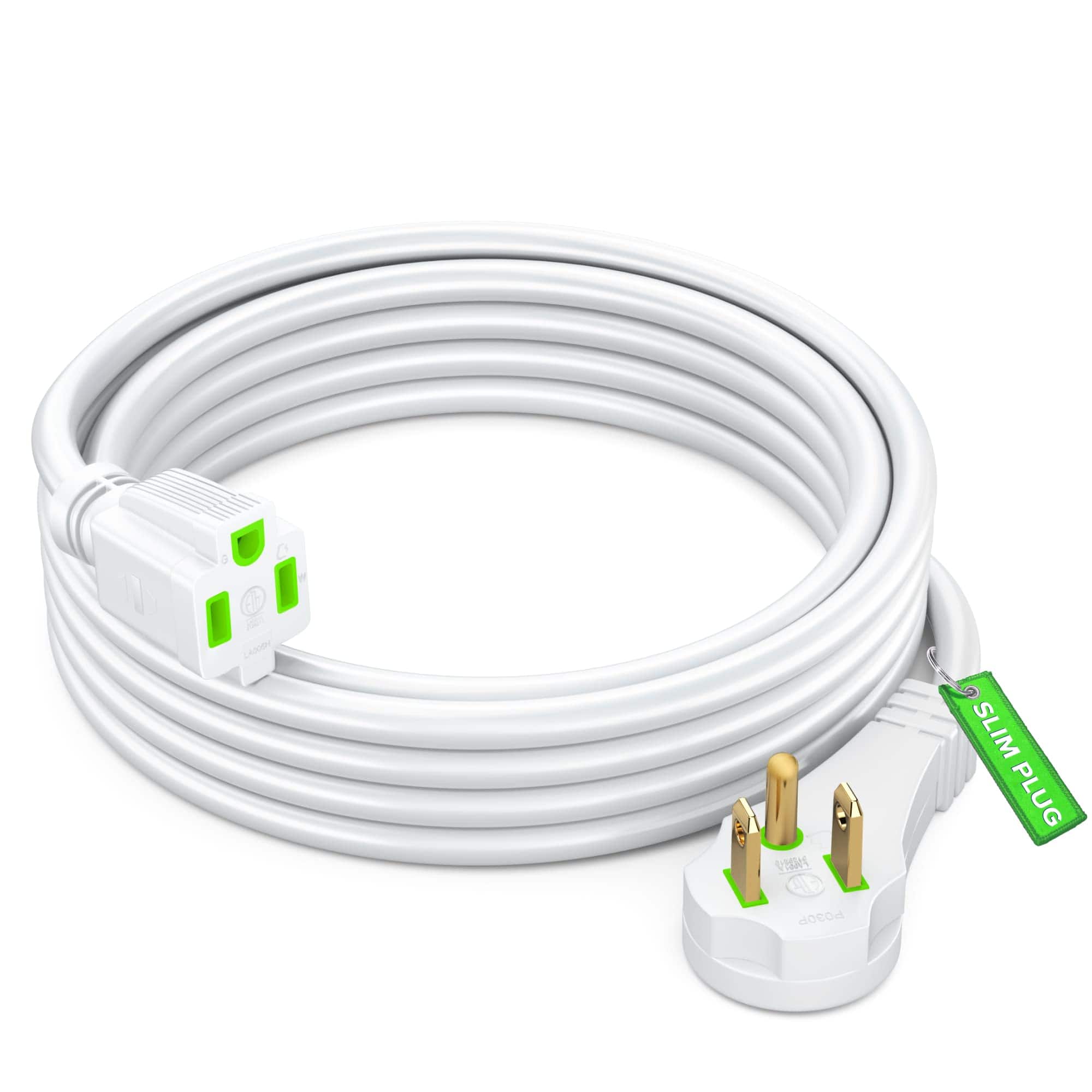 Maximm - Flat Plug Extension Cord 10 ft with Slim Space-Saving Plug Design, Low Profile Extension Cord 14AWG - White