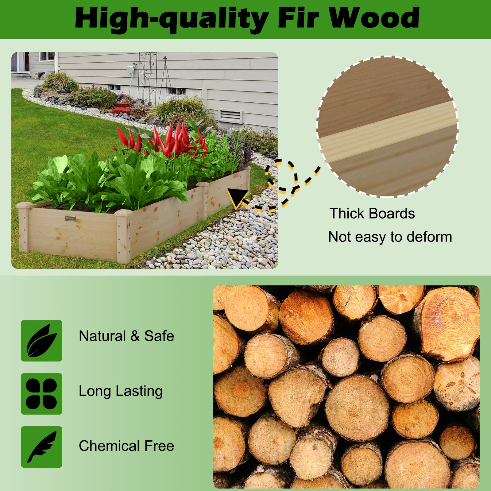 High-quality Fir Wood

- Thick Boards
- Not easy to deform
- Natural & Safe
- Long Lasting
- Chemical Free