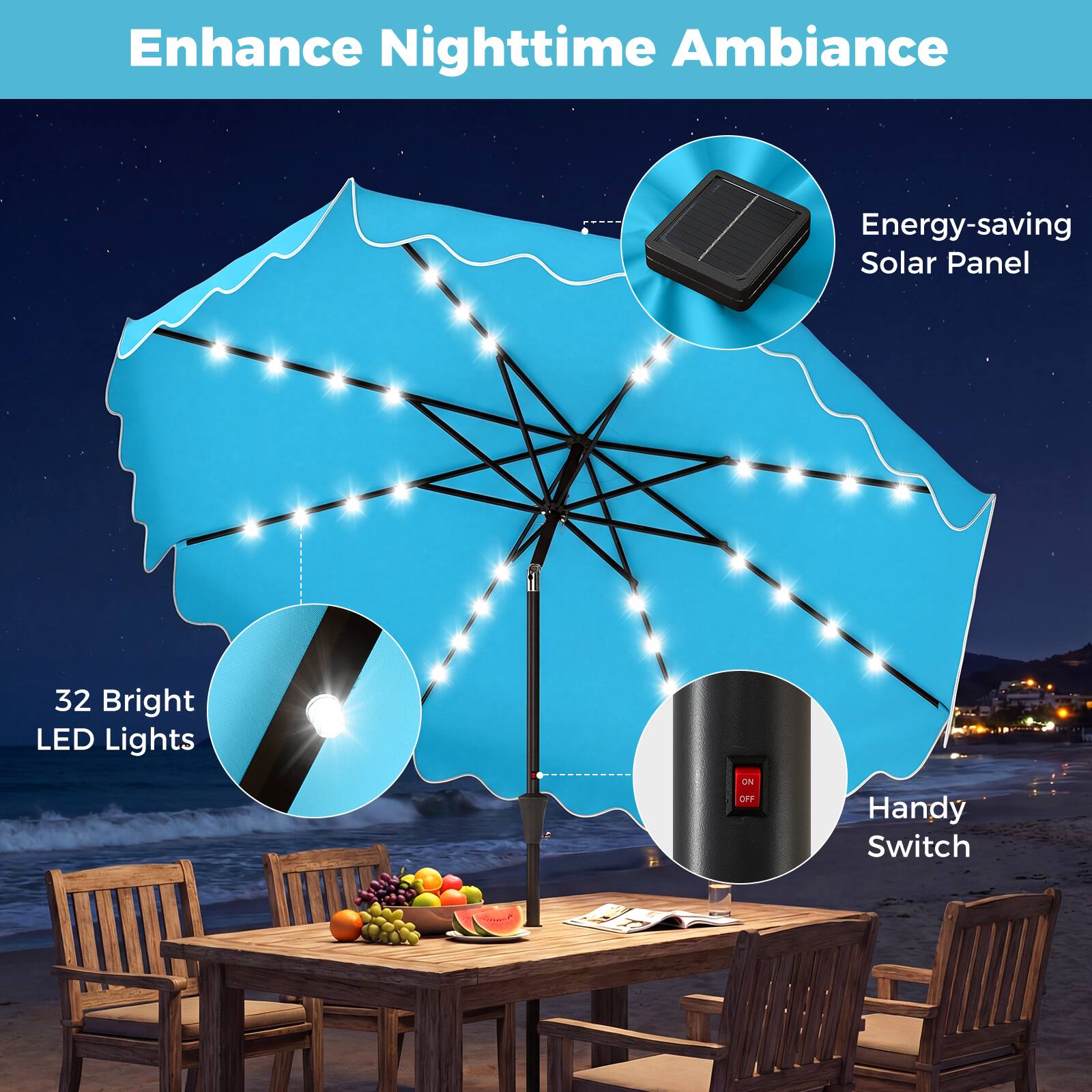 Enhance Nighttime Ambiance  
Energy-saving Solar Panel  
32 Bright LED Lights  
Handy Switch