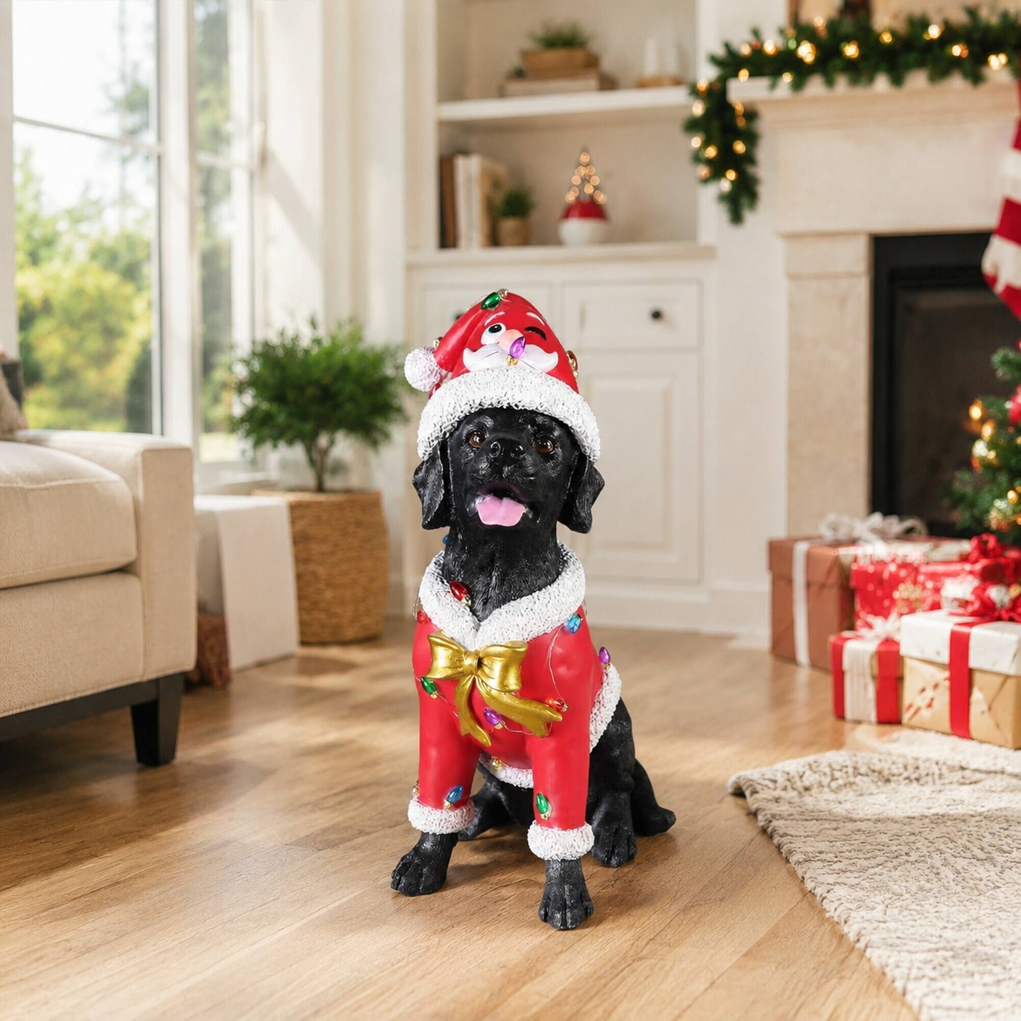 Back. RYHNUYNE - Black Labrador Retriever Christmas Statue in Santa Outfit with Holiday Accents for Festive Home Display - Black.