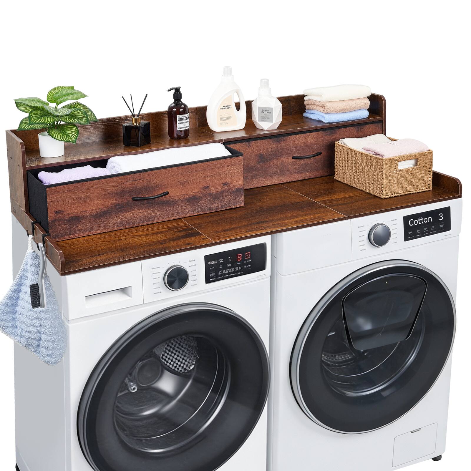 Alt View 5. VEVOR - Washer Dryer Countertop with Shelf, 54 x 27.5 in Wooden Washer and Dryer Topper with 2 Drawers & 2 Hooks - Brown.
