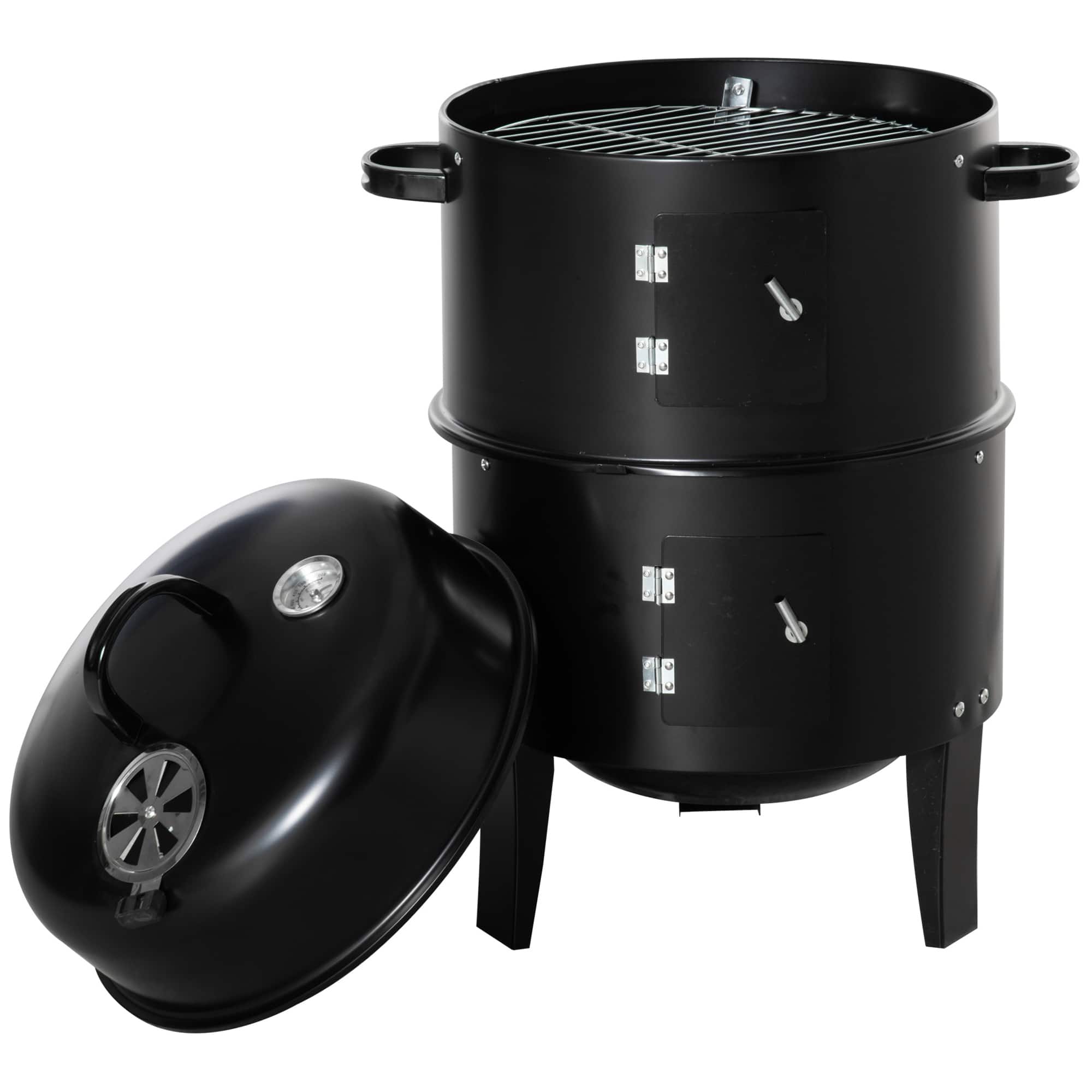 Outsunny - 3-in-1 Vertical Charcoal BBQ Smoker Grill with 2 Cooking Areas and - Black