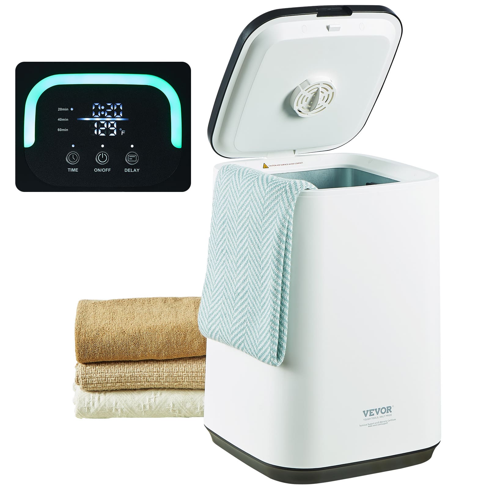 VEVOR - Towel Warmer 20L, Towel Warmer Bucket with 24h Delay Timer, 20/40/60 Min Auto Shut Off, Child Lock, LED Screen - White