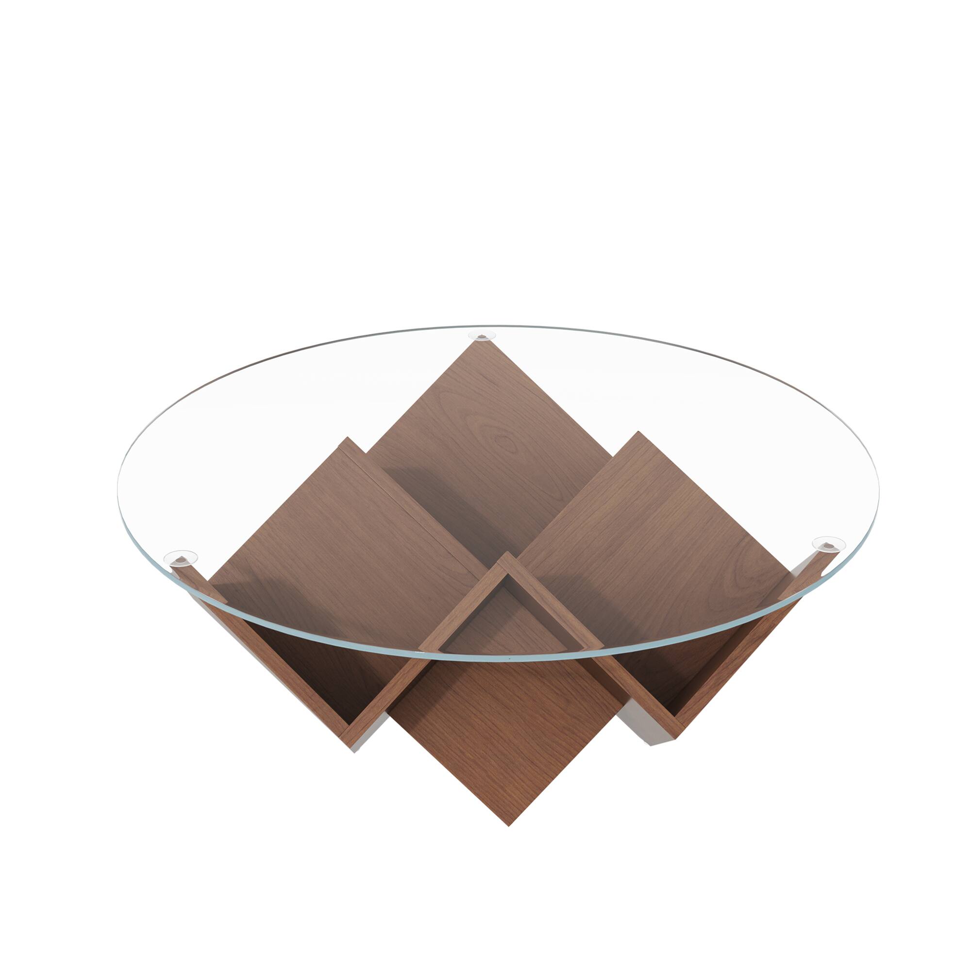 Alt View 6. GOODSILO - Round Coffee Table with Tempered Glass Top and Geometric Art Deco Style Storage Base - Walnut.
