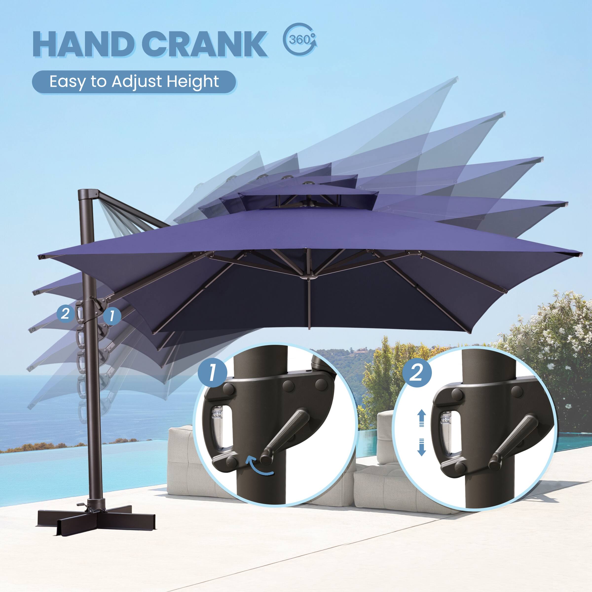 HAND CRANK  
Easy to Adjust Height  
360°  

1.  
2.