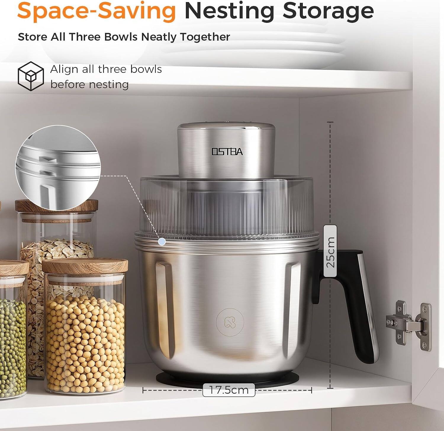 Space-Saving Nesting Storage  
Store All Three Bowls Neatly Together  

Align all three bowls before nesting  

OSTBA  
25cm  
17.5cm
