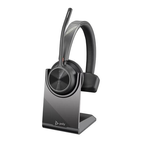 Angle. HP - HP Poly Voyager 4310 UC Wireless Monoaural Headset with Charging Stand and USB-A Adapter, Zoom Certified - Black.