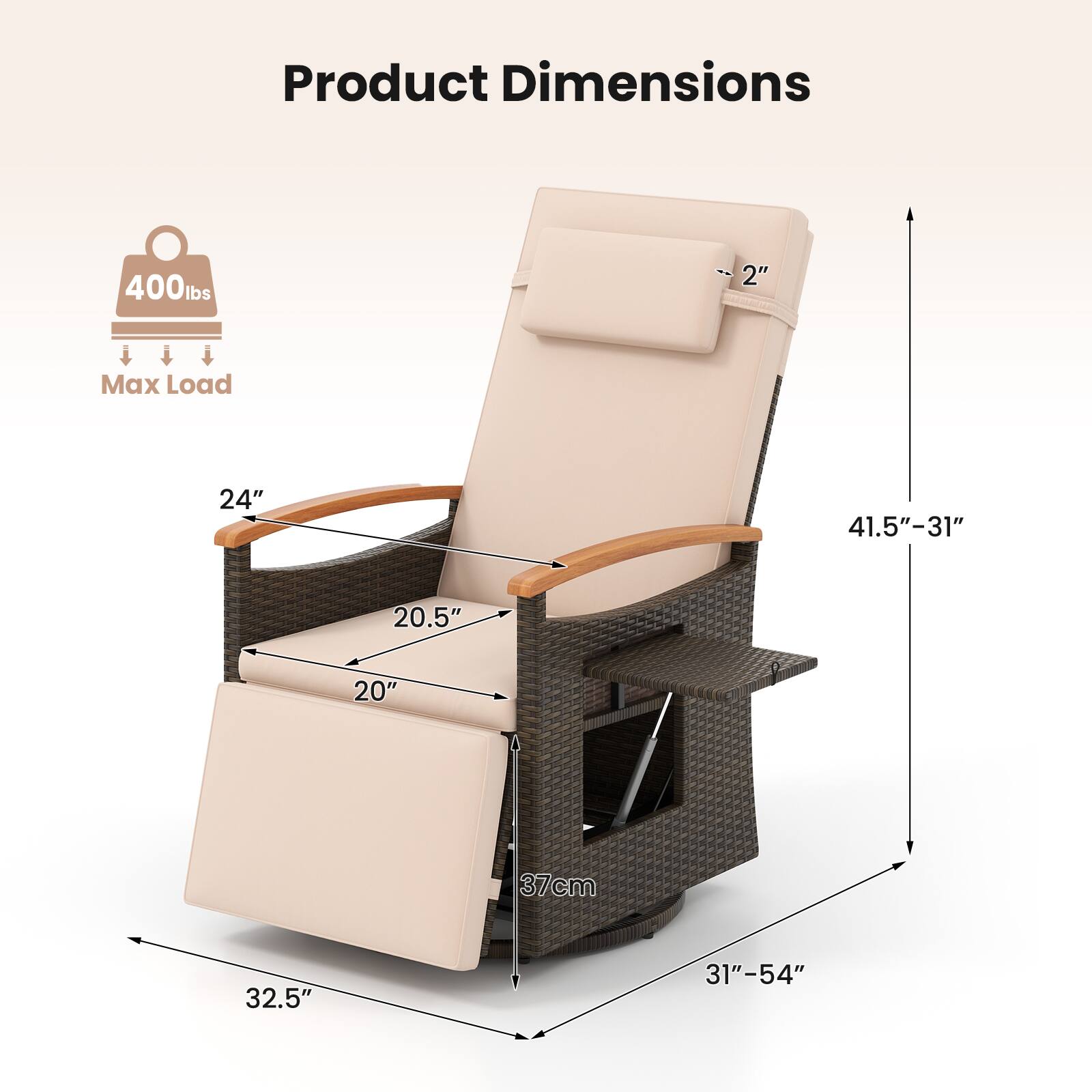 Product Dimensions  
400lbs Max Load  
2"  
24"  
41.5"-31"  
20.5"  
20"  
37cm  
32.5"  
31"-54"