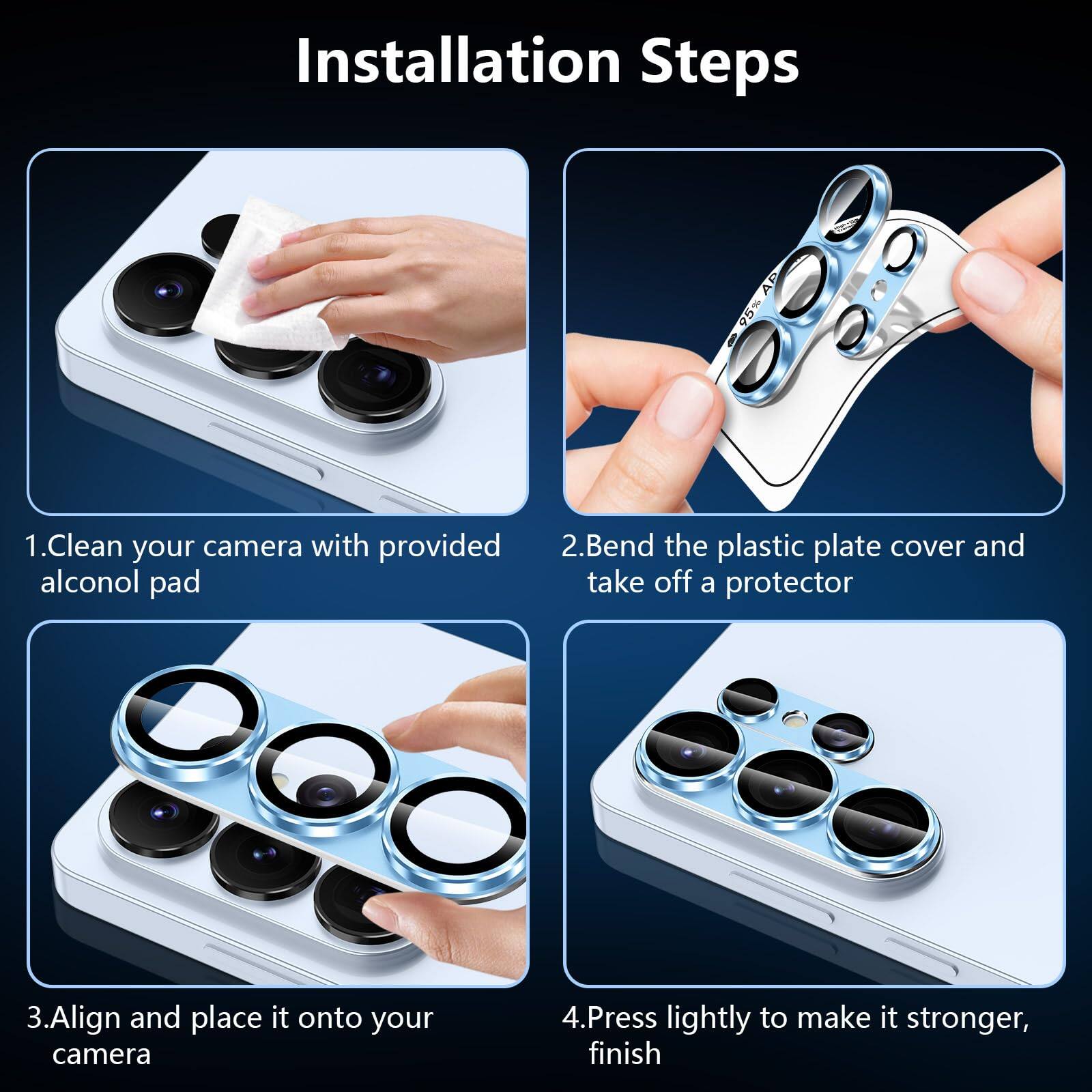 Installation Steps

1. Clean your camera with provided alcohol pad
2. Bend the plastic plate cover and take off a protector
3. Align and place it onto your camera
4. Press lightly to make it stronger, finish
