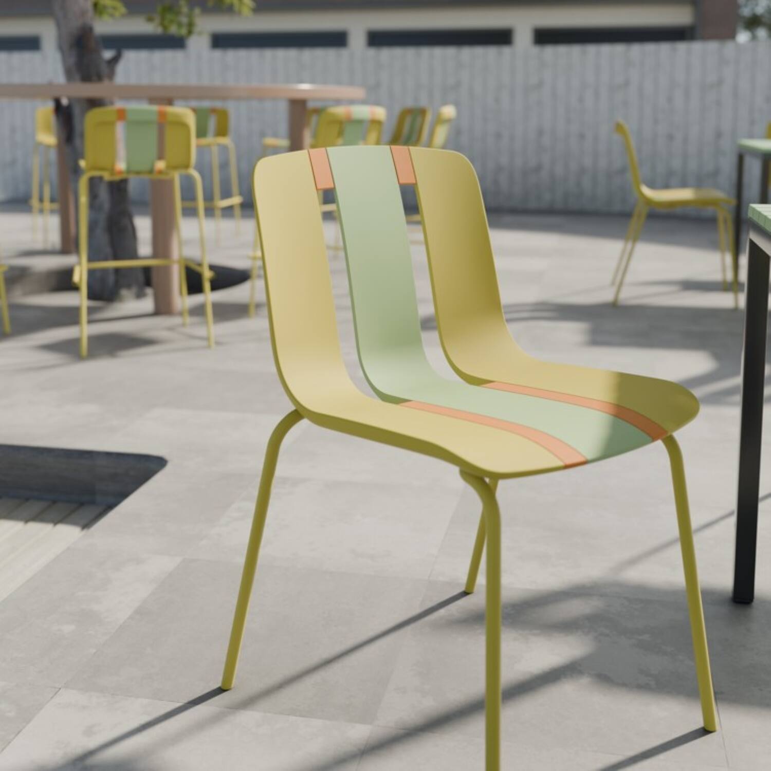 Left. Mondawe - 4-Pack Modern Striped Color Block Chairs – PP Plastic Seat & Sturdy Metal Legs - Yellow+Green.