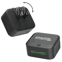 Plugable - Dual USB C Wall Charger, 40W Foldable 2-Port Flat USB C Fast Charger Block, USB-C Power Adapter - Black