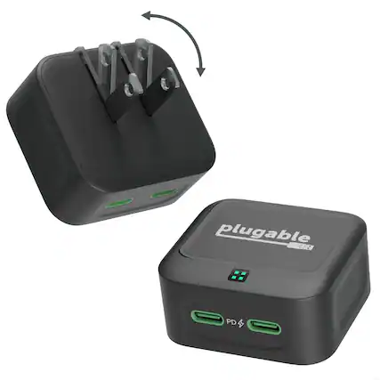 Front. Plugable - Dual USB C Wall Charger, 40W Foldable 2-Port Flat USB C Fast Charger Block, USB-C Power Adapter - Black.
