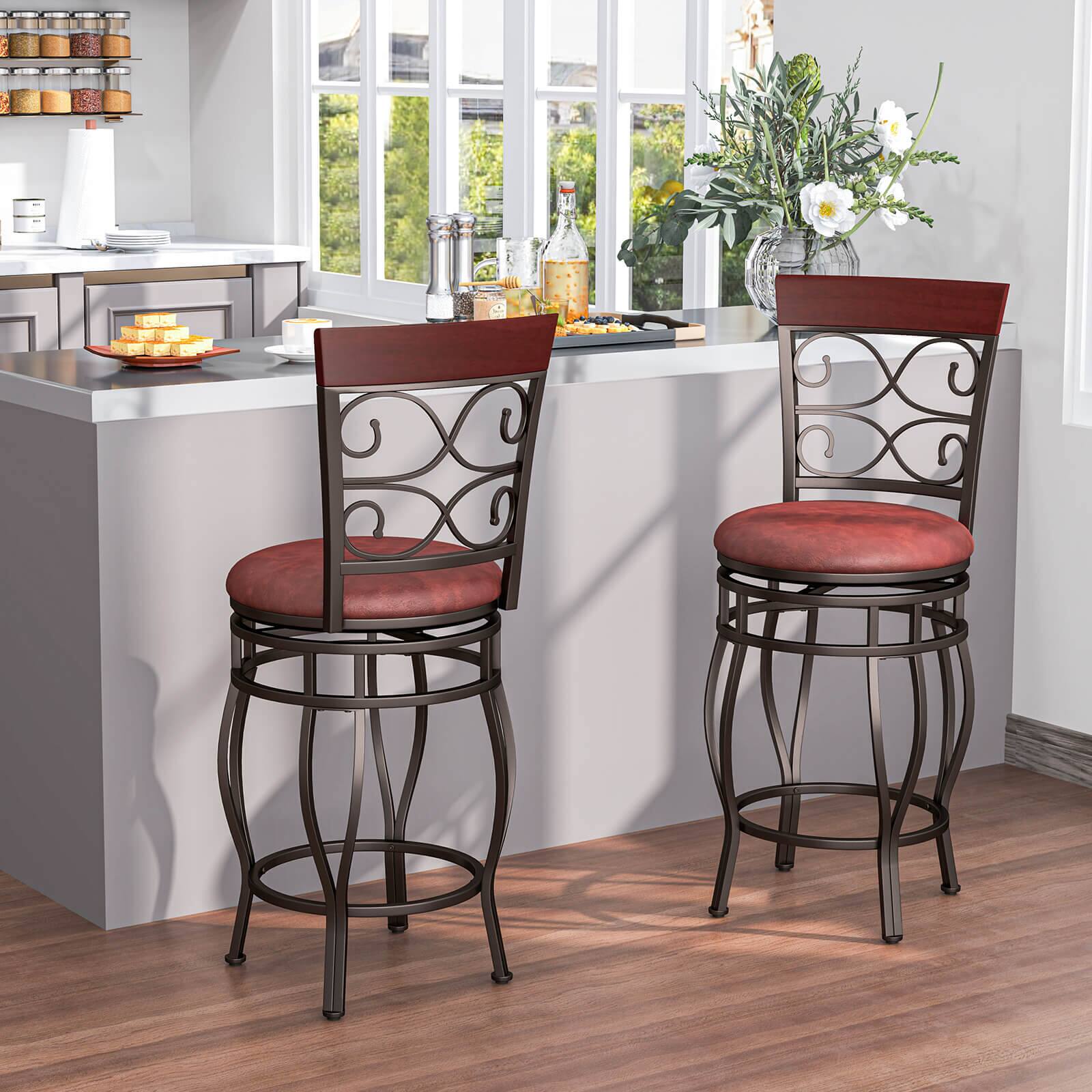 Back. Costway - Costway 26" Swivel Bar Stools Set of 2 with Upholstered Seat Scroll Backrest Footrest Brown - Brown.