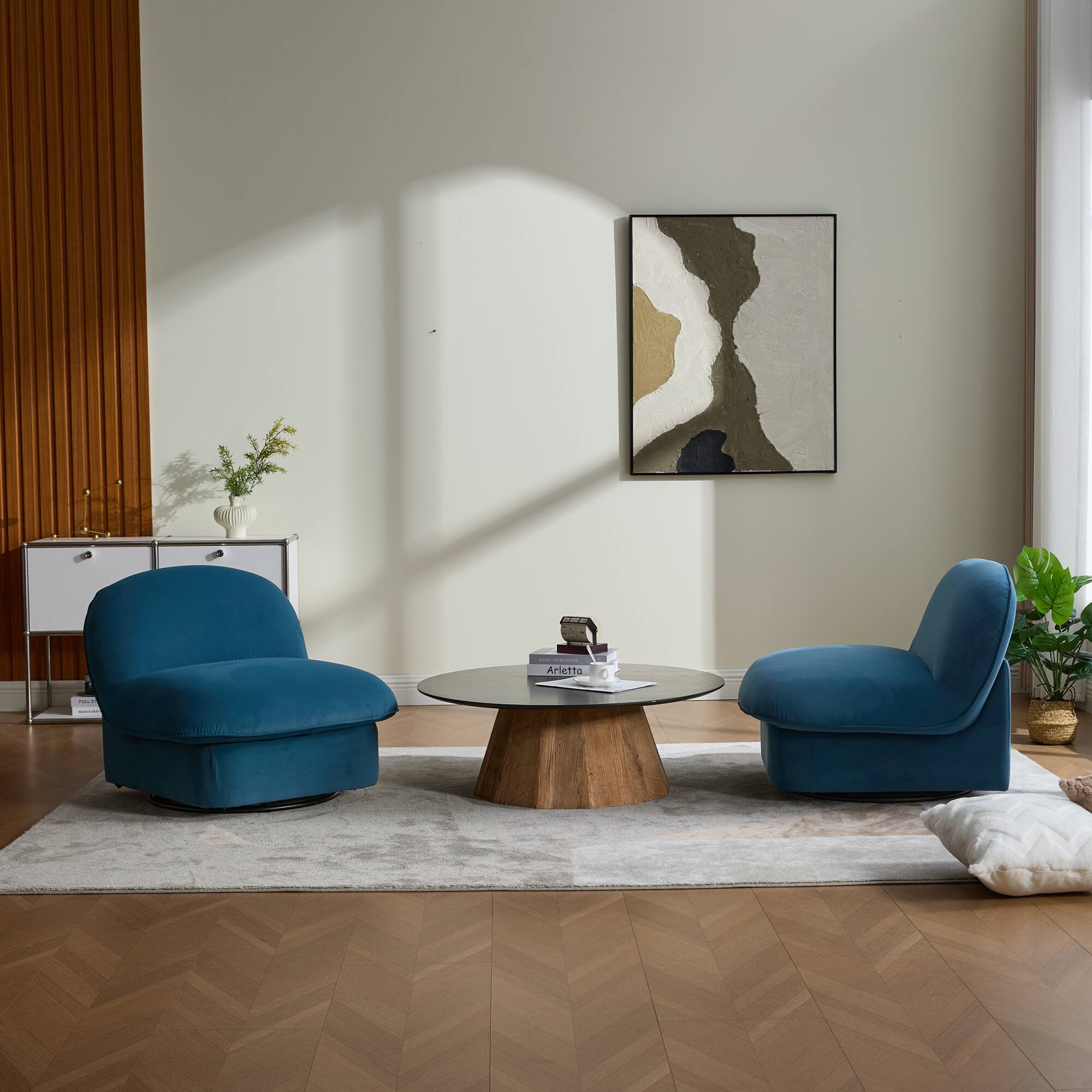 Alt View 5. GOODSILO - Pumpkin-Shaped Velvet Swivel Accent Chair with 360-Degree Rotation for Living Room, Bedroom, or Office - Smoke Blue.