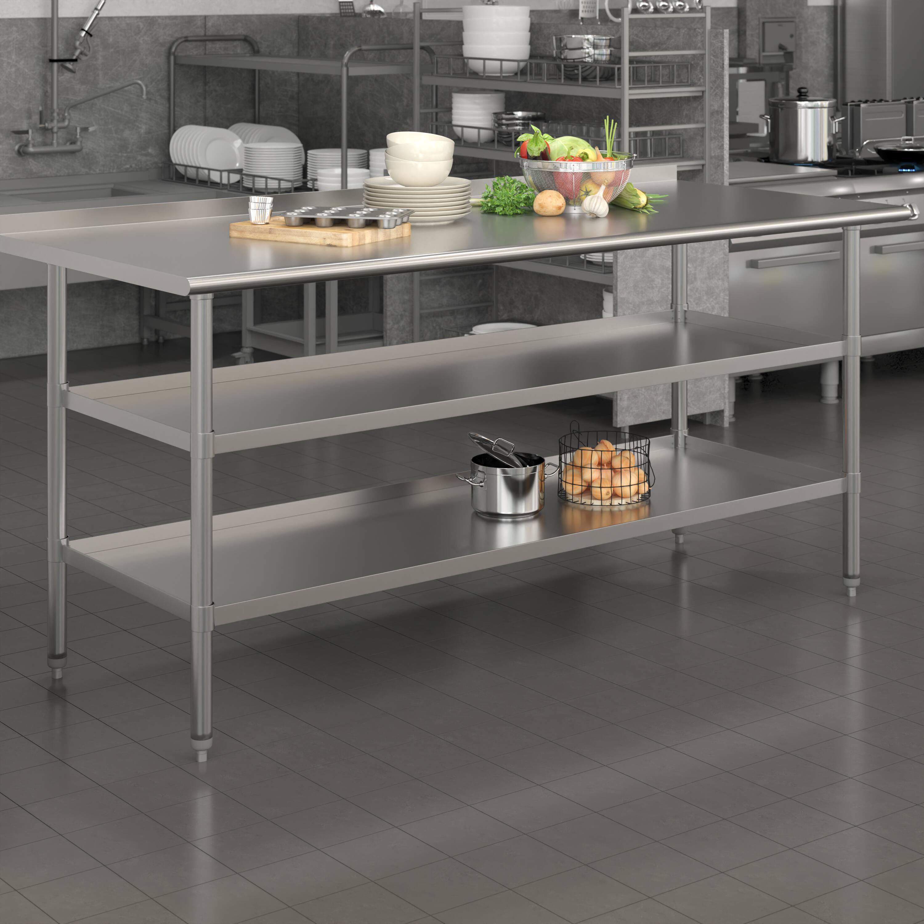 Angle. Flash Furniture - Ravenel Stainless Steel 18 Gauge Work Table with 1.5" Backsplash and 2 Undershelves - 72"W x 30"D x 34.5"H, NSF - Gray.