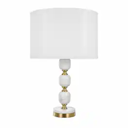 RYHNUYNE - Marble and Aluminum Table Lamp with Fabric Drum Shade and Brass Finial, 26.5-Inch Vintage Modern Accent Lighting - White