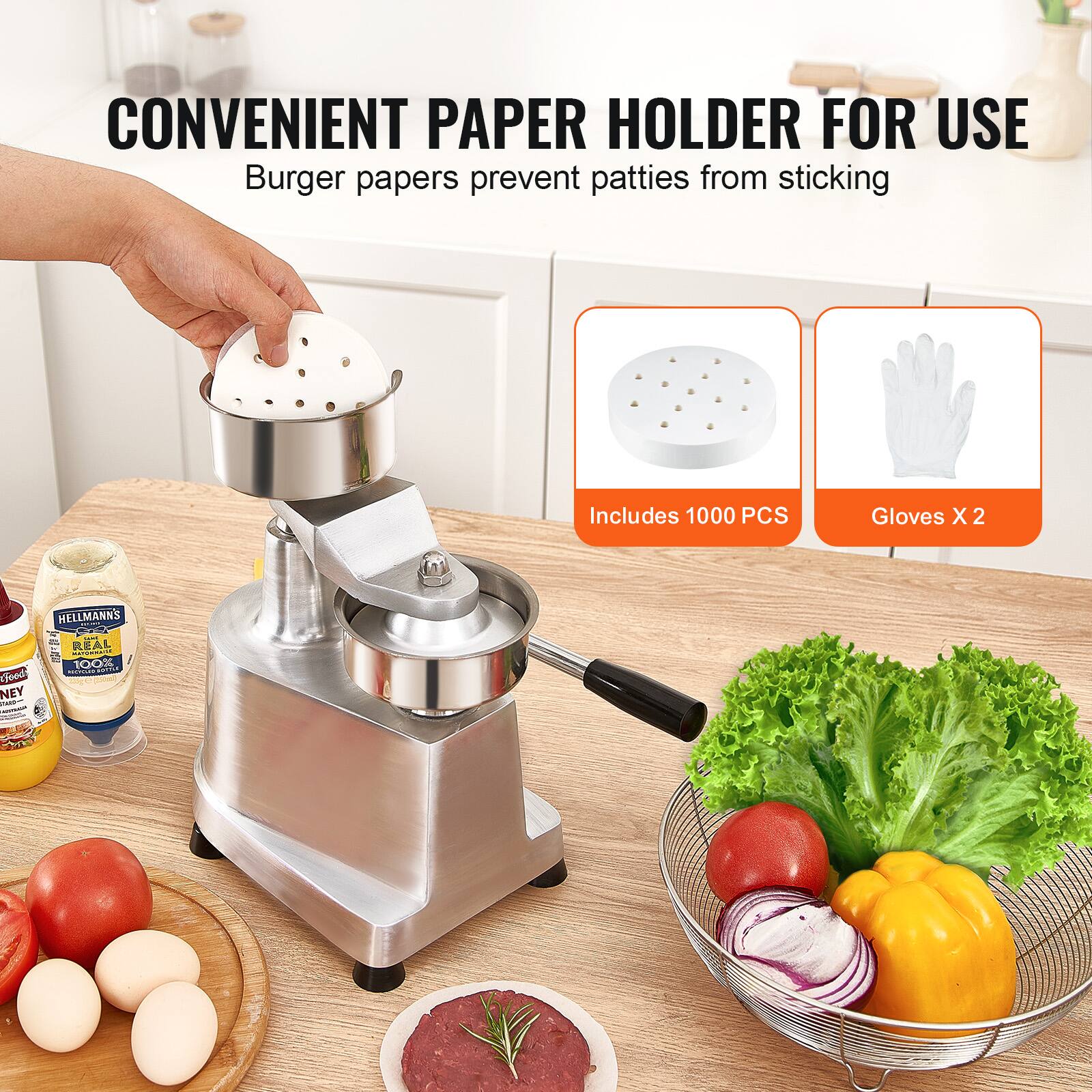 CONVENIENT PAPER HOLDER FOR USE  
Burger papers prevent patties from sticking  

Includes 1000 PCS  
Gloves X 2  

HELLMANN'S  
REAL  
Mayonnaise