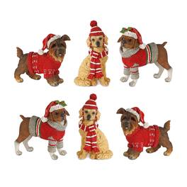 BreeBe - Winter Dog Figurine with Hat and Sweater Accent (Set of 6) - Red, Brown, Grey