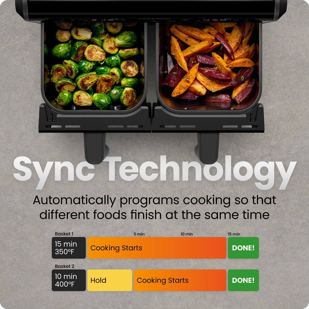 Sync Technology  
Automatically programs cooking so that different foods finish at the same time  

Basket 1  
15 min  
350°F  
Cooking Starts  
DONE!  

Basket 2  
10 min  
400°F  
Hold  
Cooking Starts  
DONE!