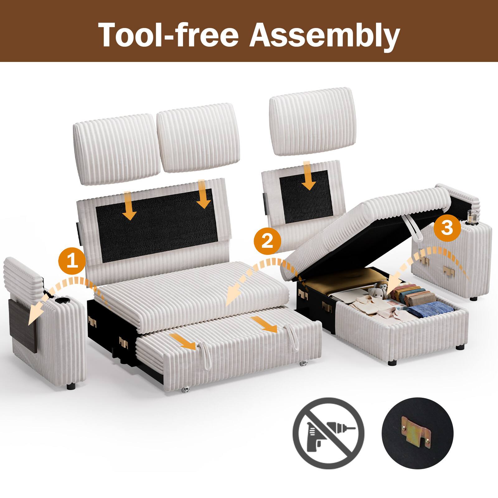 Alt View 3. Vipbear - Vipbear 85" Modular Sectional Sleeper Sofa with Pull Out Bed, 3 Seat L Shaped with Reclining Backrest,Corduroy Beige - Beige.