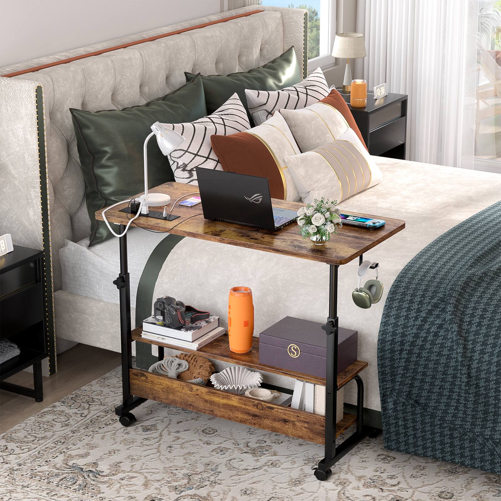 Angle. Aheaplus - Small Height Adjustable Standing Desk with Power Outlets and Shelves, Max Height 41 Inches - Brown.